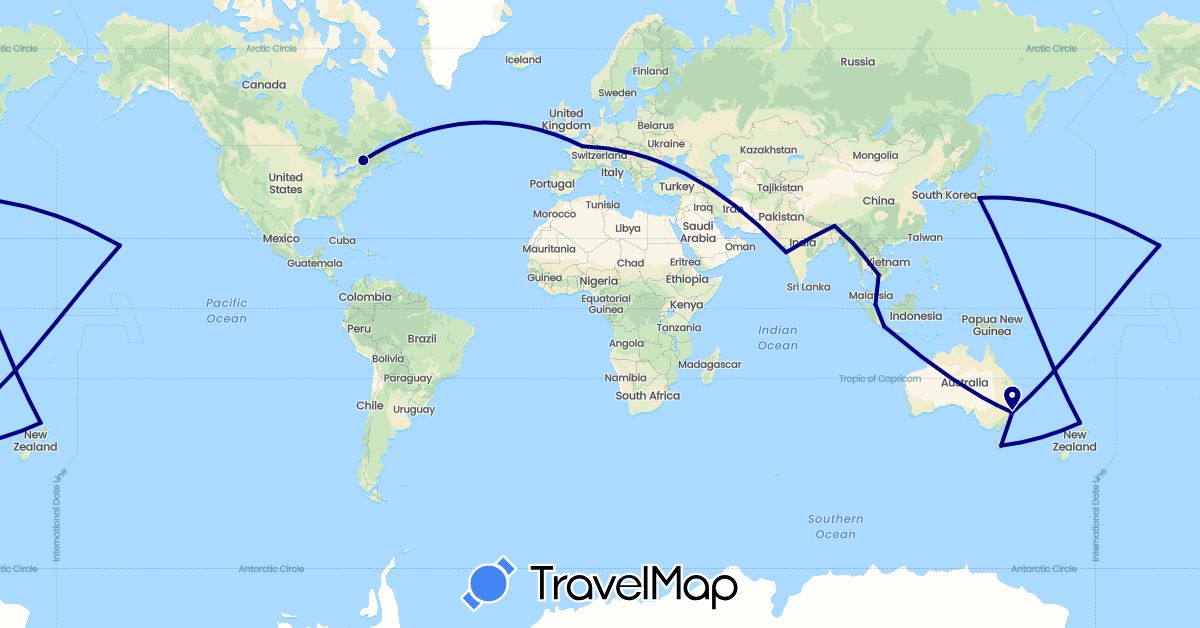 TravelMap itinerary: driving in Australia, Bhutan, Canada, France, Indonesia, India, Japan, Cambodia, Myanmar (Burma), New Zealand, Singapore, Thailand, United States (Asia, Europe, North America, Oceania)
